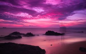 Preview wallpaper sea, coast, twilight, purple, silhouette, shadow