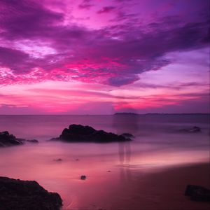 Preview wallpaper sea, coast, twilight, purple, silhouette, shadow