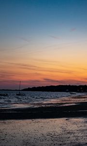 Preview wallpaper sea, evening, shore, boat, dark