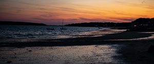 Preview wallpaper sea, evening, shore, boat, dark