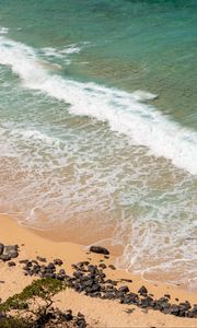 Preview wallpaper sea, foam, beach, stones, sand, nature