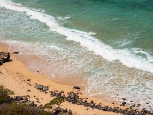 Preview wallpaper sea, foam, beach, stones, sand, nature