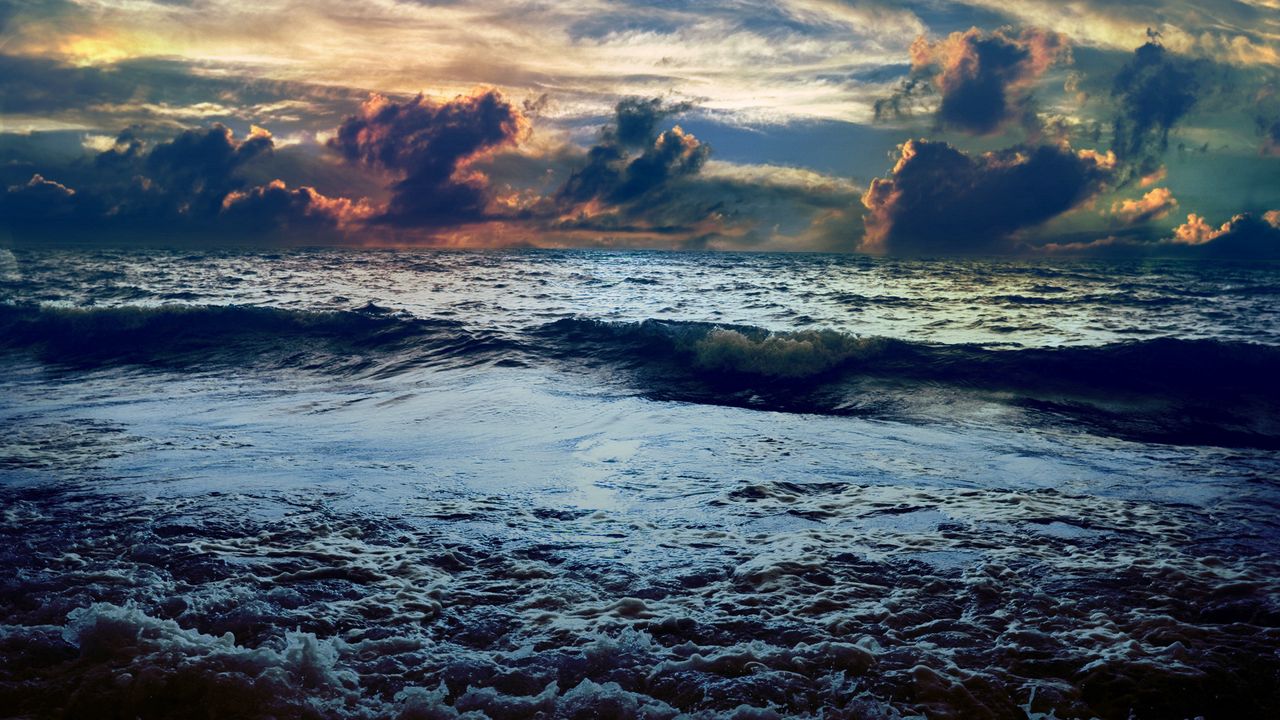 Wallpaper sea, foam, clouds, volume, shadows, wave, horizon, merge, terribly