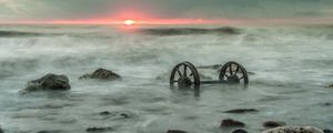 Preview wallpaper sea, foam, fog, sunset, stones