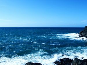 Preview wallpaper sea, foam, rocks, horizon, line