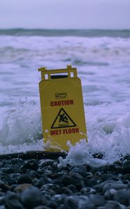 Preview wallpaper sea, foam, sign, stones, caution