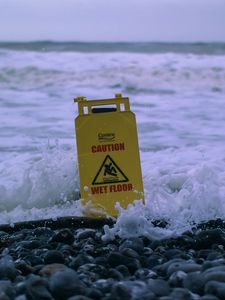 Preview wallpaper sea, foam, sign, stones, caution