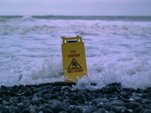 Preview wallpaper sea, foam, sign, stones, caution