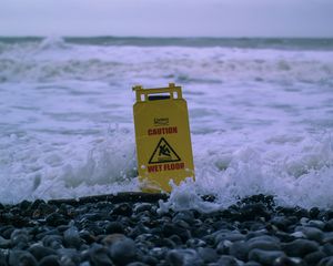 Preview wallpaper sea, foam, sign, stones, caution