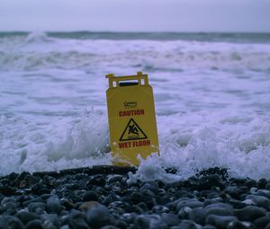 Preview wallpaper sea, foam, sign, stones, caution