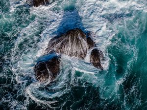 Preview wallpaper sea, foam, waves, rocks, nature, aerial view