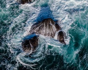 Preview wallpaper sea, foam, waves, rocks, nature, aerial view