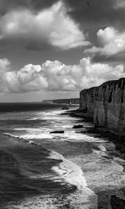 Preview wallpaper sea, foam, waves, rocks, cliff, black and white