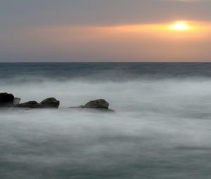 Preview wallpaper sea, fog, veil, stones