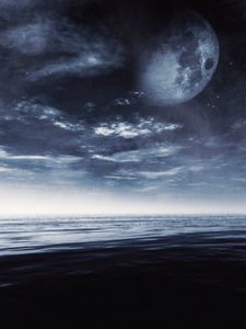 Preview wallpaper sea, gloomy, horizon, shroud, photoshop, moon