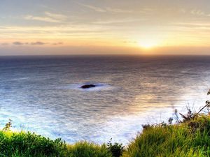 Preview wallpaper sea, height, coast, greens, vegetation, evening, decline, horizon, landscape