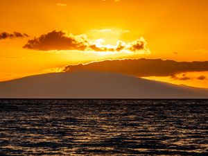 Preview wallpaper sea, hill, clouds, sunset, nature