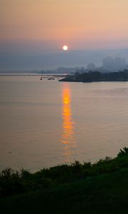 Preview wallpaper sea, hill, fog, sunset, coast