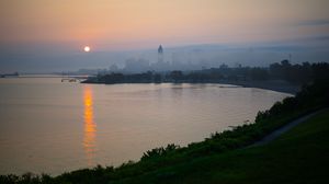 Preview wallpaper sea, hill, fog, sunset, coast
