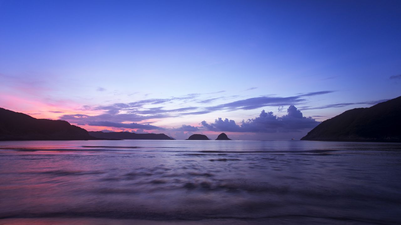 Wallpaper sea, hills, horizon, evening, landscape