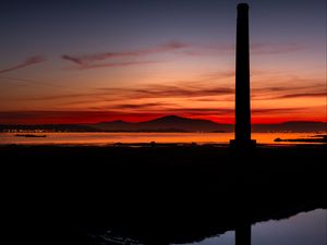 Preview wallpaper sea, hills, pillar, evening, dark