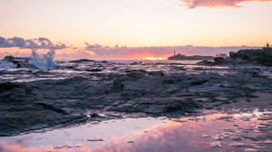 Preview wallpaper sea, horizon, rocks, sunset, coast