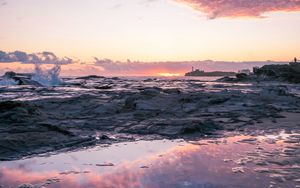 Preview wallpaper sea, horizon, rocks, sunset, coast