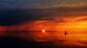 Preview wallpaper sea, horizon, sail, sunset, lonely, clouds