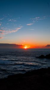 Preview wallpaper sea, horizon, sun, sunset, clouds, landscape, dark