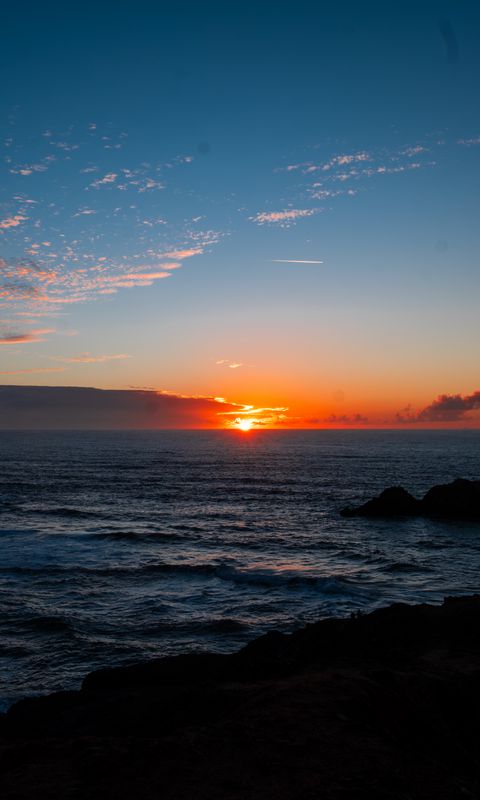 480x800 Wallpaper sea, horizon, sun, sunset, clouds, landscape, dark