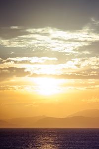 Preview wallpaper sea, horizon, sunset, clouds, mountains, fog