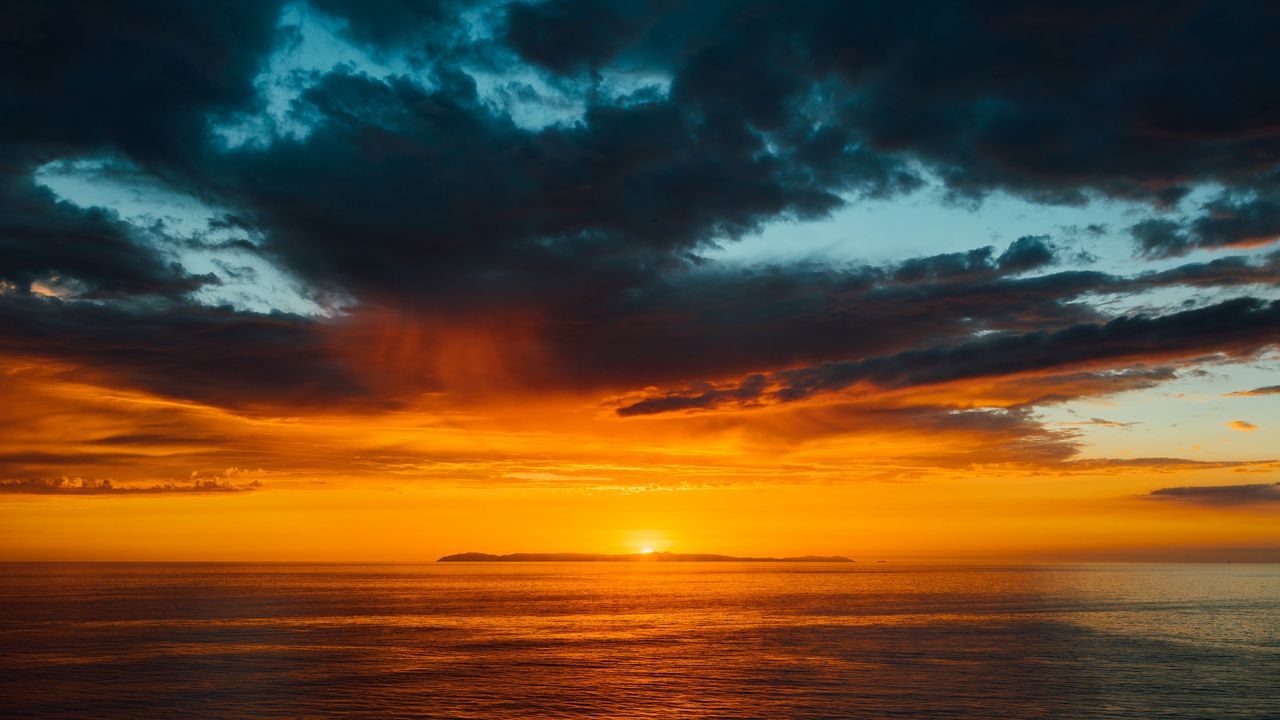 Wallpaper sea, horizon, sunset, clouds, sun, sky, dark