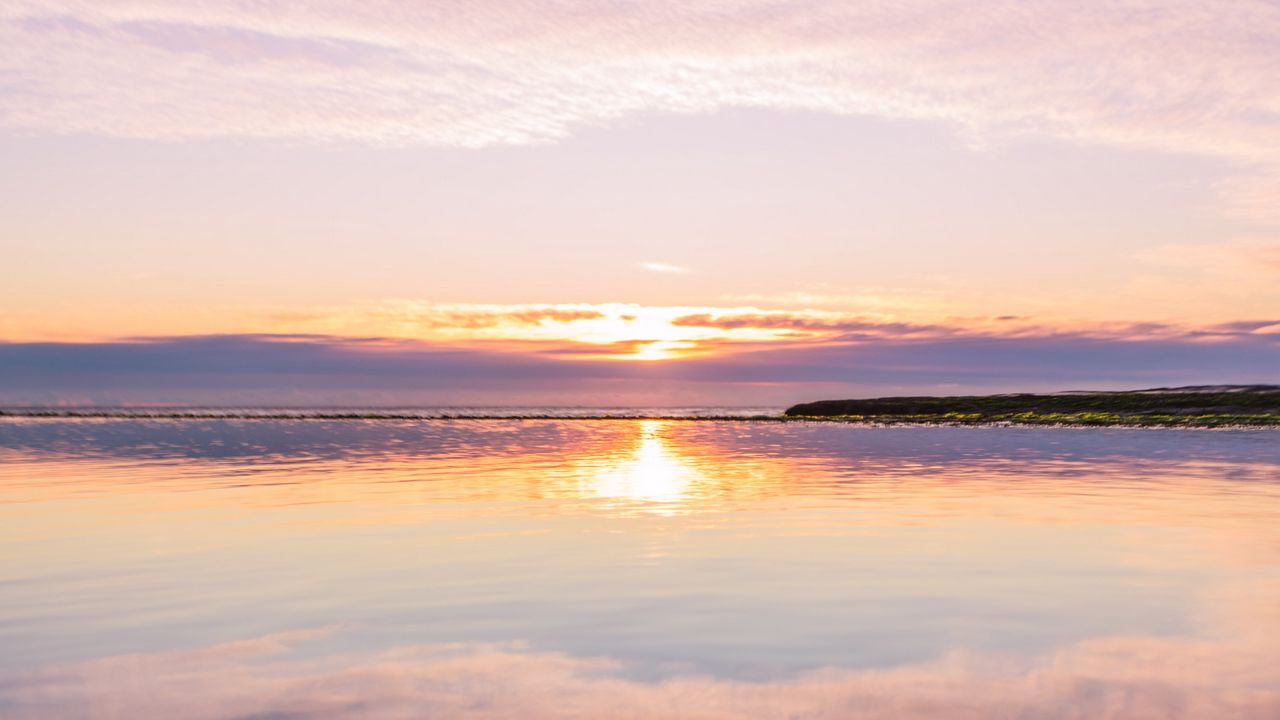Wallpaper sea, horizon, sunset, glare