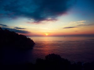 Preview wallpaper sea, horizon, tree, rock, silhouettes, sunset