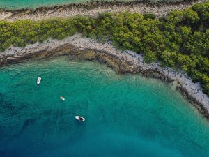 Preview wallpaper sea, island, aerial view, boats, beach