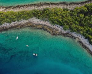 Preview wallpaper sea, island, aerial view, boats, beach