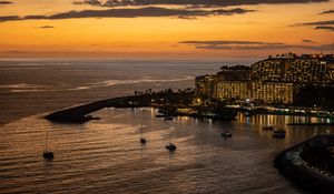 Preview wallpaper sea, island, boats, shore, lights, evening