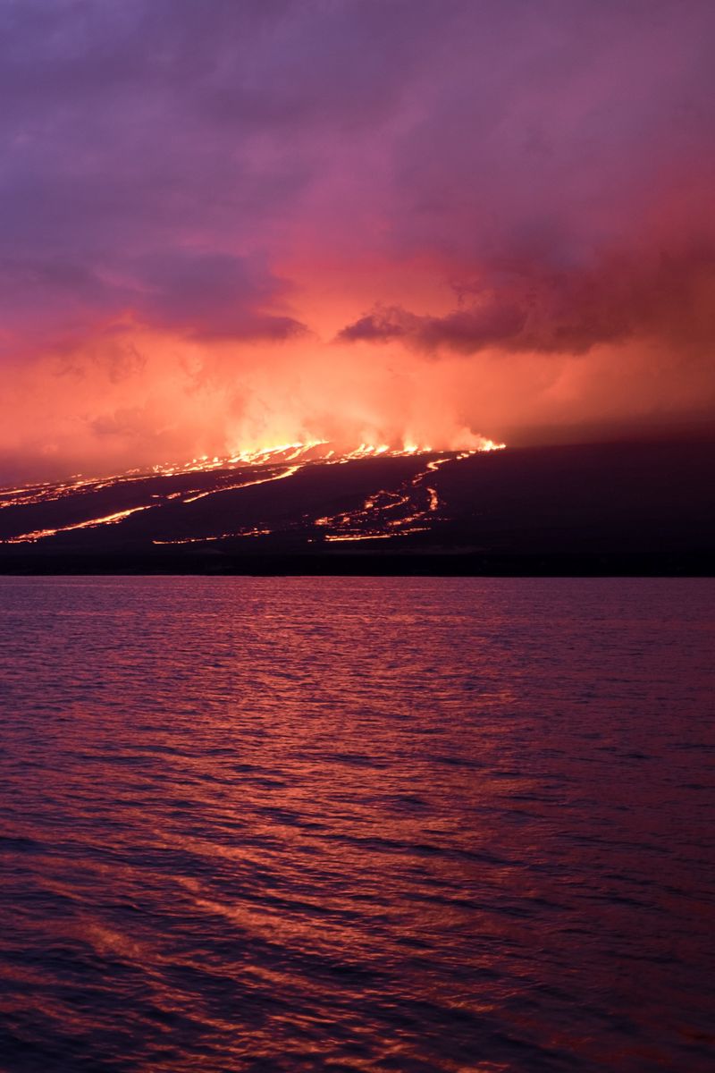 Download wallpaper 800x1200 sea, island, volcano, lava, fire, night ...