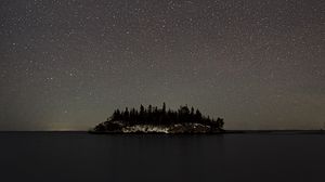 Preview wallpaper sea, island, forest, sky, starry sky, night