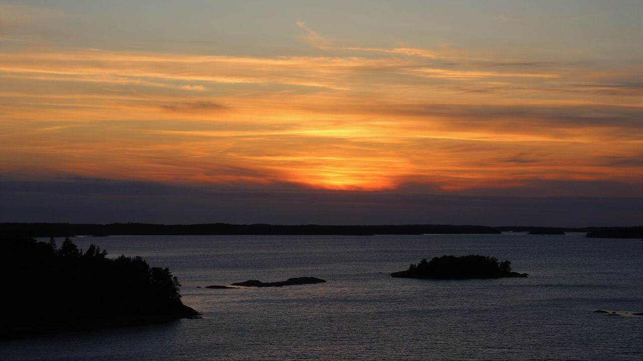 Wallpaper sea, island, trees, sunset, evening