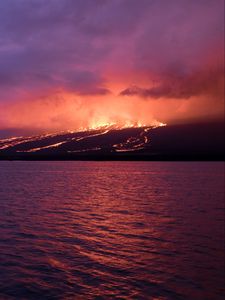 Preview wallpaper sea, island, volcano, lava, fire, night