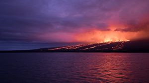 Preview wallpaper sea, island, volcano, lava, fire, night