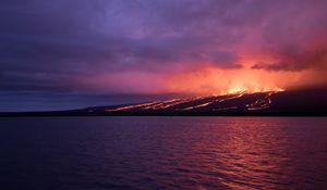 Preview wallpaper sea, island, volcano, lava, fire, night