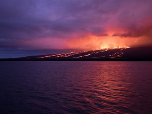 Preview wallpaper sea, island, volcano, lava, fire, night