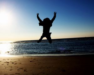 Preview wallpaper sea, jump, beach, sky, waves, light