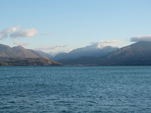 Preview wallpaper sea, landscape, mountains, clouds, peaks