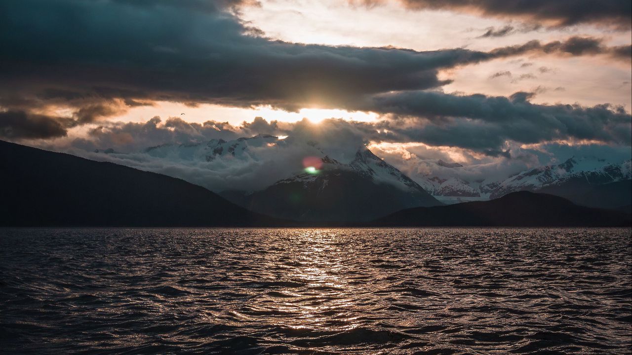 Wallpaper sea, landscape, mountains, clouds, sun