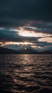 Preview wallpaper sea, landscape, mountains, clouds, sun