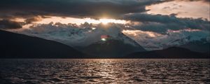 Preview wallpaper sea, landscape, mountains, clouds, sun