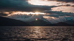 Preview wallpaper sea, landscape, mountains, clouds, sun